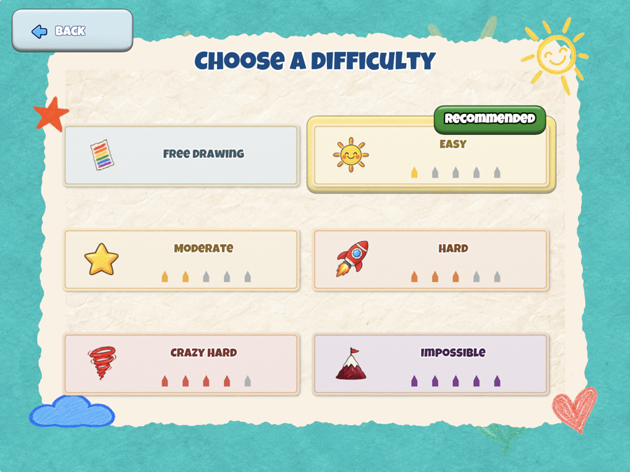Level selection showing picture cards including a cat, plane, and rocket
