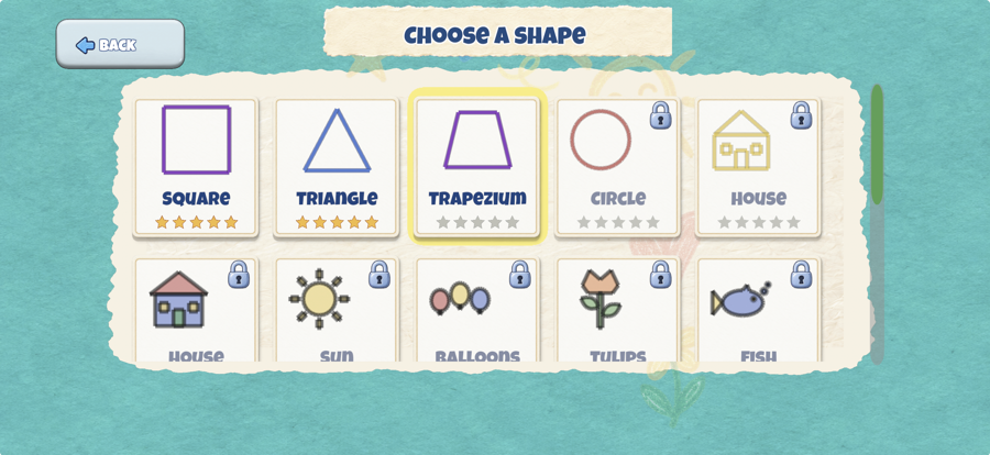 Level selection showing picture cards including a cat, plane, and rocket