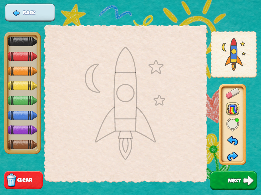 Rocket outline on the drawing page, with a colored example beside it