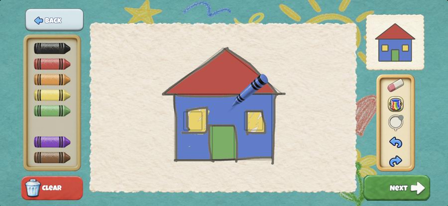 Coloring a house in Crayon Trace 1.0 on iPhone, with crayons on the left and drawing tools on the right
