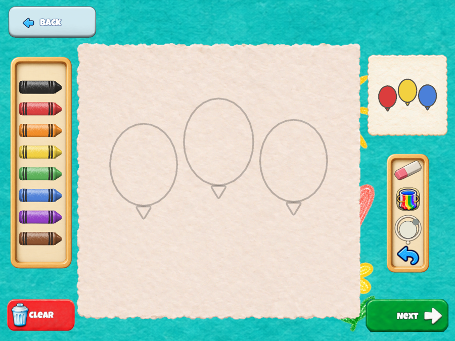 Three balloon outlines on the drawing page, with a colored example beside them